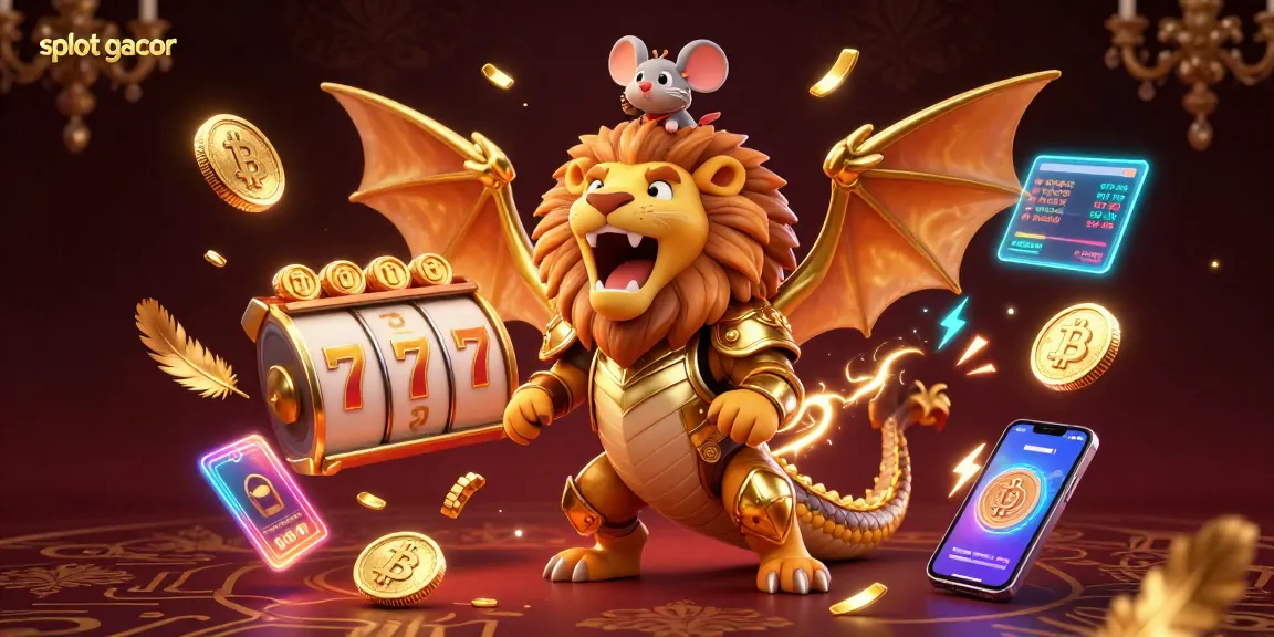 Engage with slot gacor features in a triumphantly rich 3D casino scene, showcasing slot reels and crypto elements.