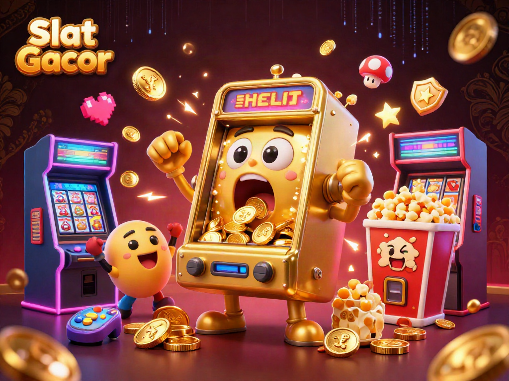 Slot Gacor showcases a golden slot machine winning a jackpot surrounded by cheering baby machines and colorful gaming elements.