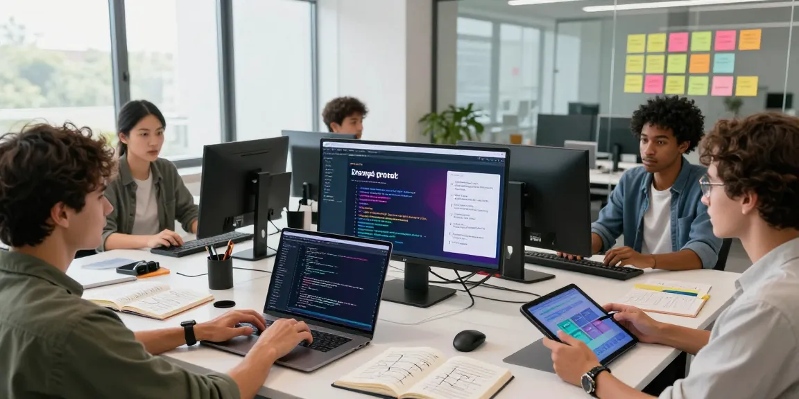 AI prompt image showcasing a diverse team in a vibrant modern workspace, developing an image to prompt generator application.