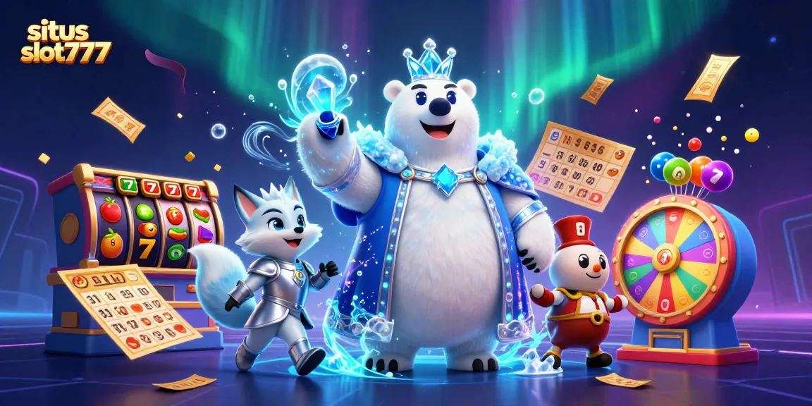 situs slot777 engaging animated scene featuring a cartoon polar bear and snow fox with colorful casino elements