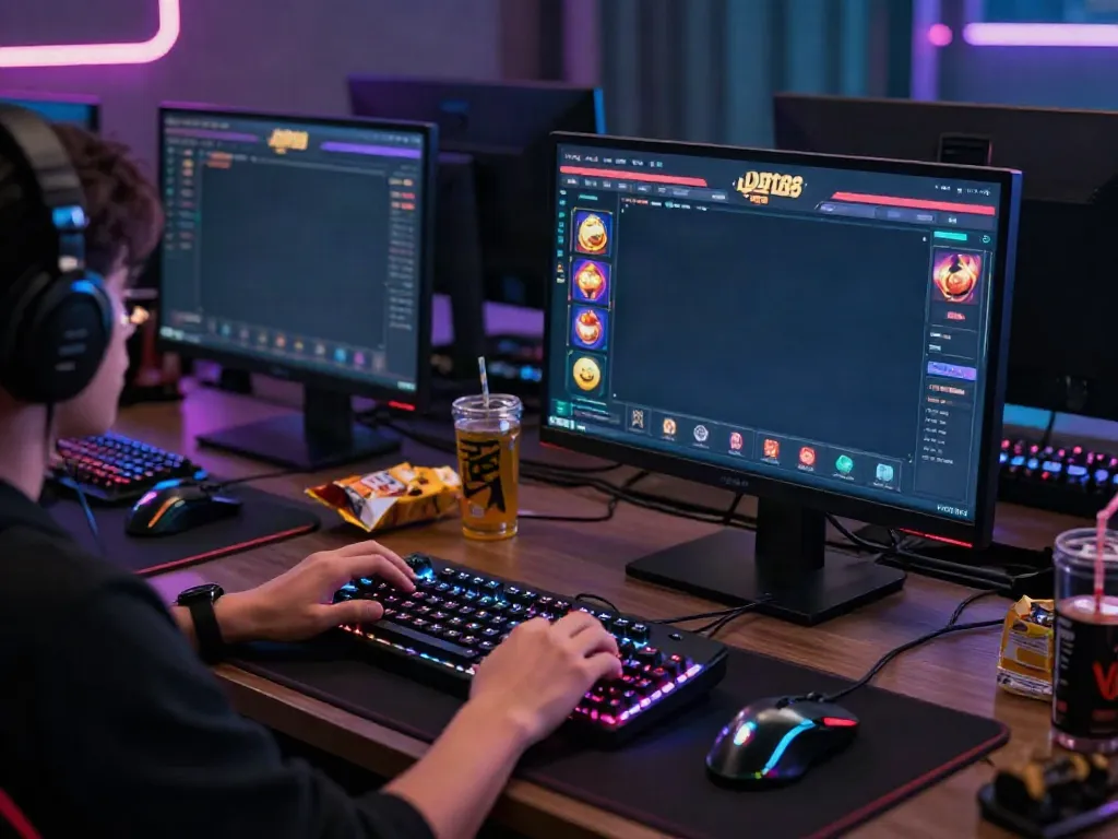 Player engaged with slot88 online gaming, colorful interface displayed on screen, dynamic gaming accessories around.