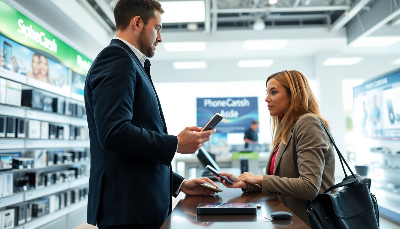 Phone cash buyer assisting a customer at a retail counter with a smartphone exchange.