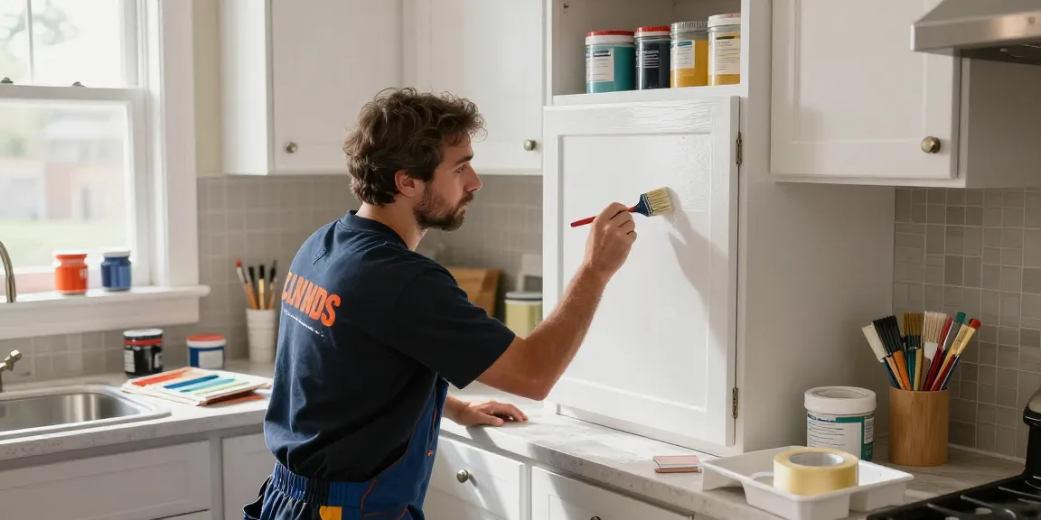 Cabinet painters Franklin County OH transforming kitchen cabinets with fresh paint in a cozy atmosphere.