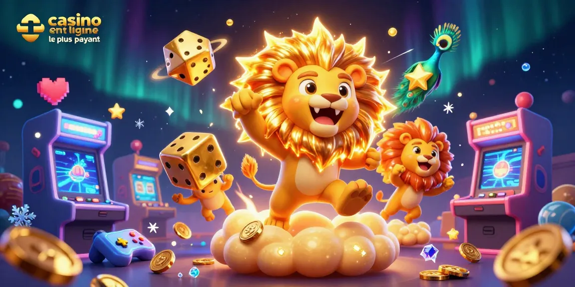 Gagnez au casino en ligne le plus payant avec un lion ensoleillé et des dés dorés dans un univers dynamique.