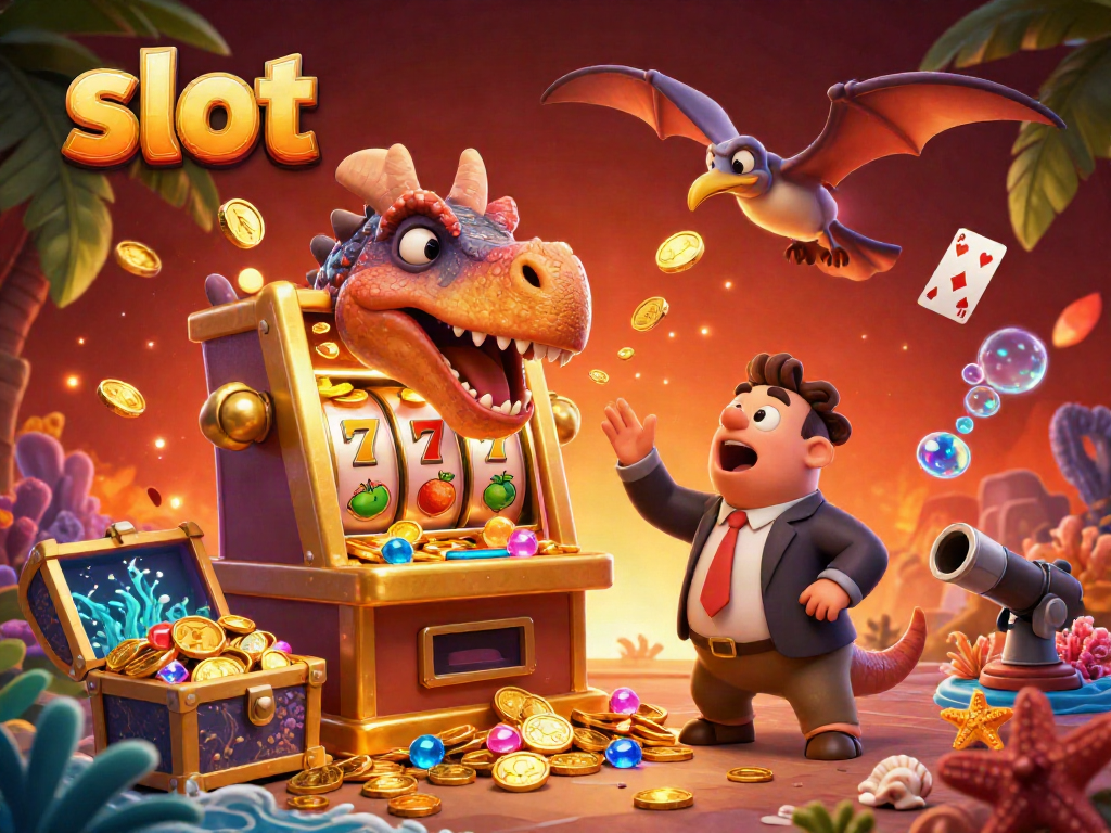 Slot machine jackpot celebration featuring a pachycephalosaurus, ankylosaur manager, and flying coins.