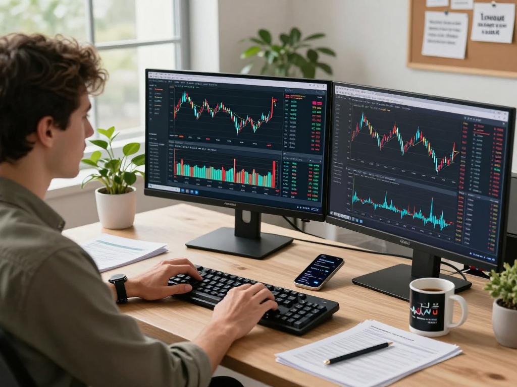 Dynamic TradingView workspace featuring dual monitors, trader analyzing charts, and market data, reflecting modern trading techniques.