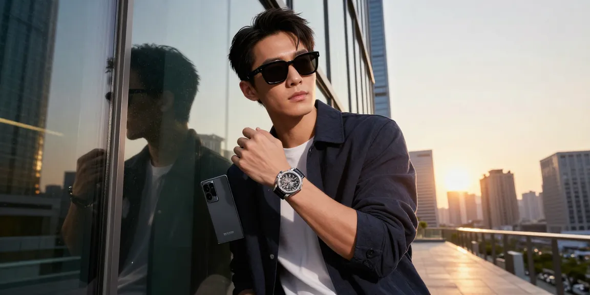 Wrist adorned with a replica watch in a luxurious urban setting during sunset, highlighting elegance and style.