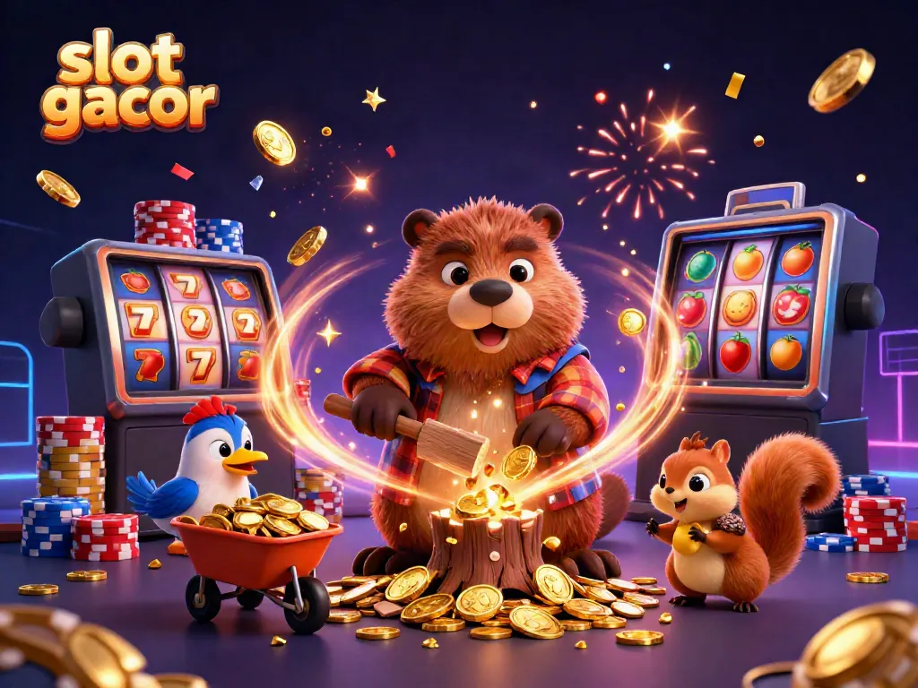 Slot gacor menampilkan karakter kartun berburu koin emas, diiringi efek grafis menawan.