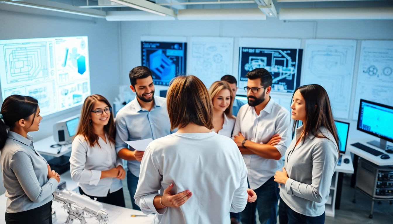 Collaborative professionals engaged in design and engineering activities in a modern workspace.