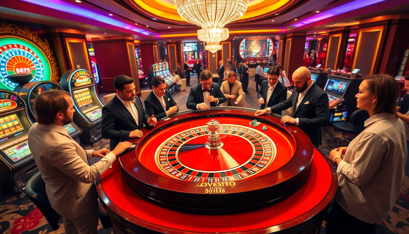 This scene from https://febet8.com showcases an elegant roulette table surrounded by enthusiastic gamblers and professional croupiers.