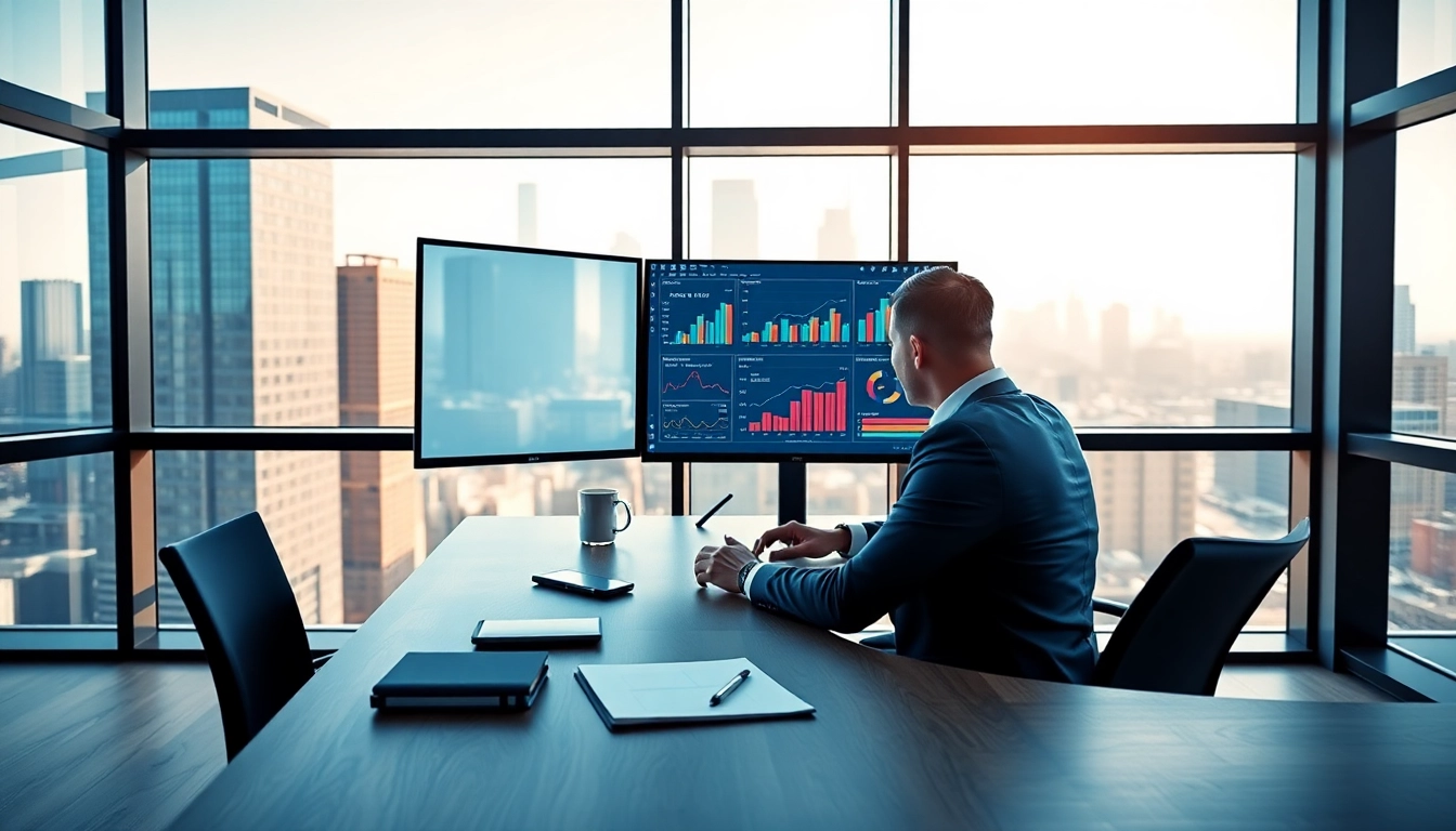 Crisis management consultant analyzing data in a modern office with an urban skyline view.