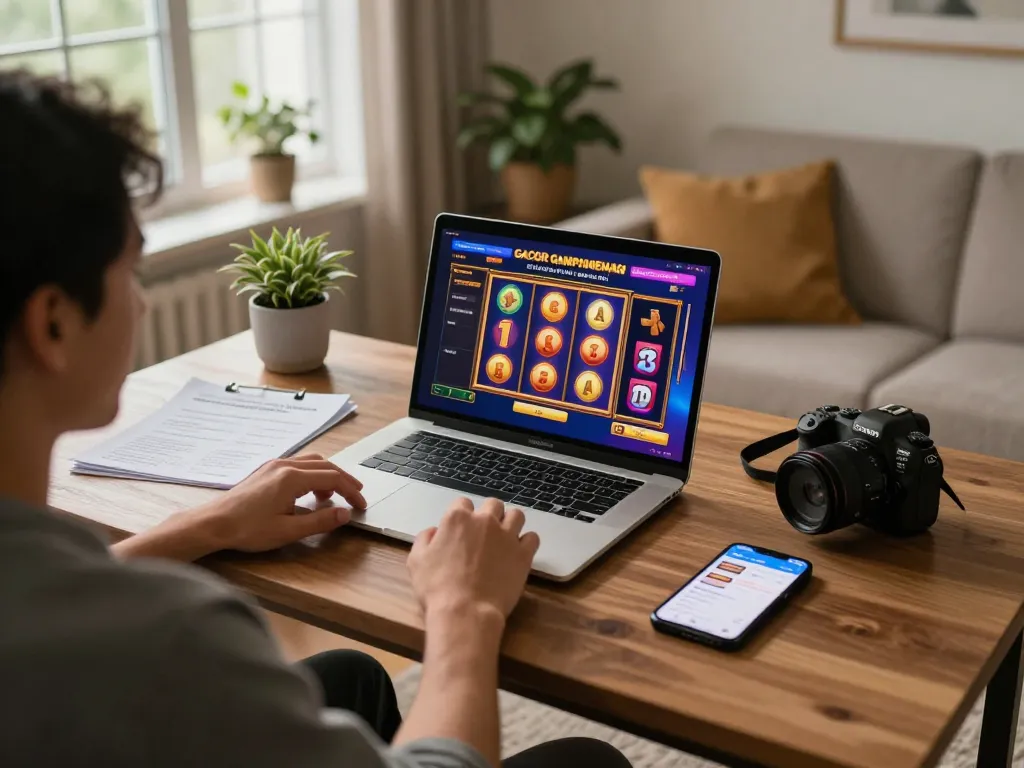 Engaging online gaming session showing slot gacor gampang menang interface on laptop.