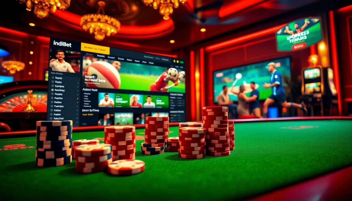 Indi bet experience with vibrant casino tables, poker chips, and live sports betting interface.