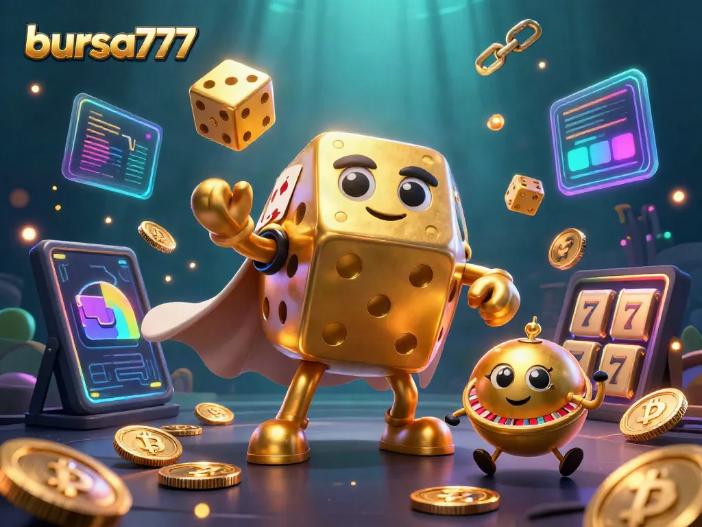 Mainkan slot bursa777 dengan karakter dadu emas berwarna dan simbol jackpot yang menarik, siap memberikan kesenangan.