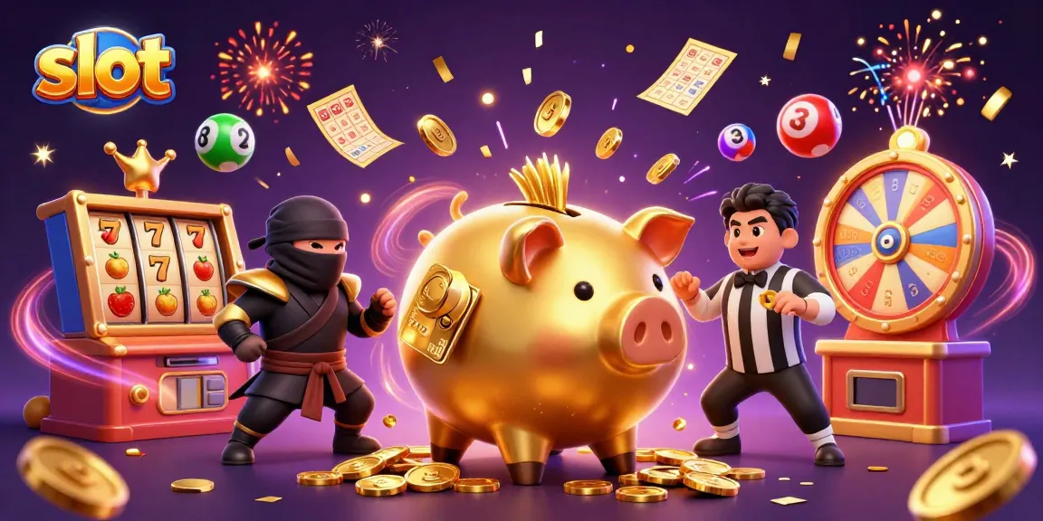 Exciting slot action with a golden piggy bank sumo wrestler and colorful reels.
