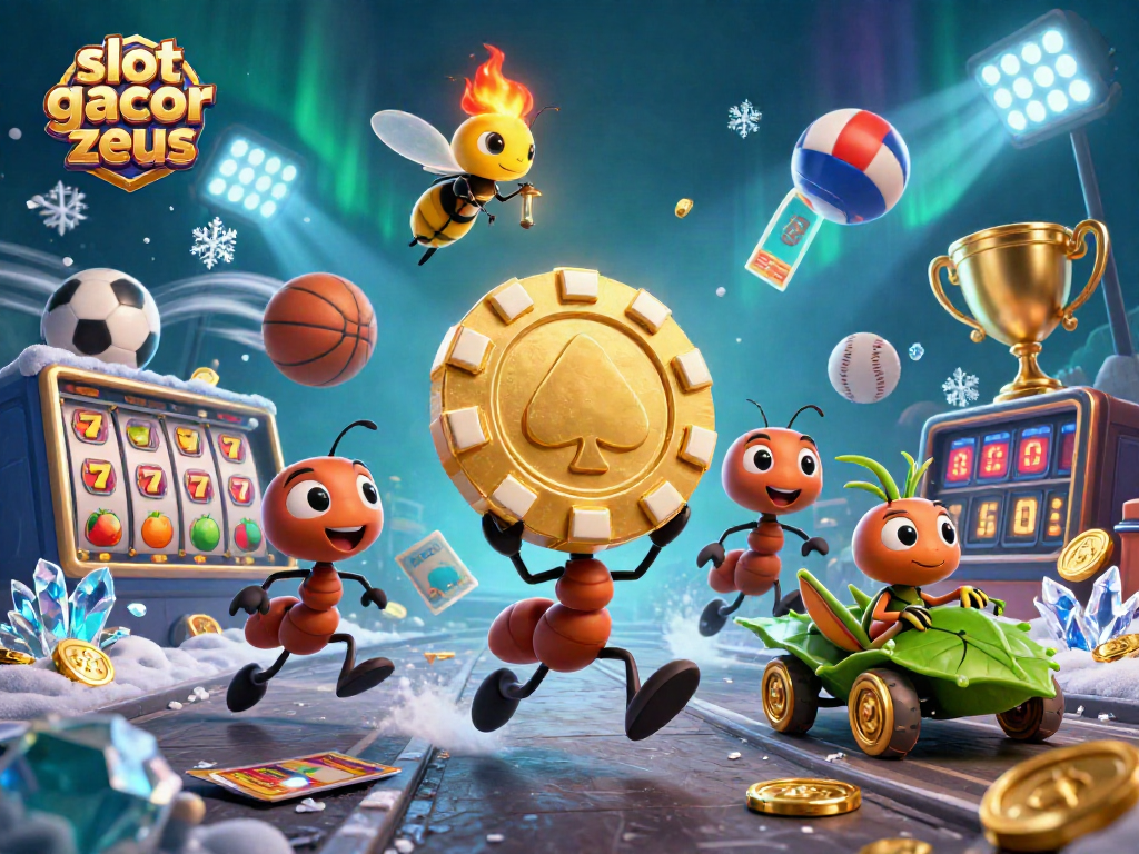 Visualize the excitement of slot gacor zeus with a heist involving ants, golden chips, and dynamic sports elements