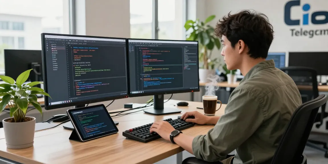 Dynamic tech workspace highlighting telegram中文版 software development with a developer coding on dual monitors.