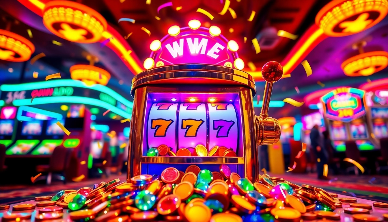 Experience enticing free spins bonuses with a playful slot machine surrounded by vibrant casino lights.
