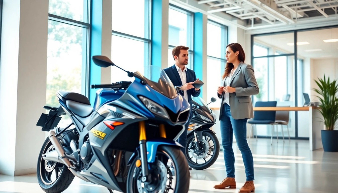 Motorrad leasing Beratung mit einem modernen Motorrad in einem hellen Büro arrangiert.