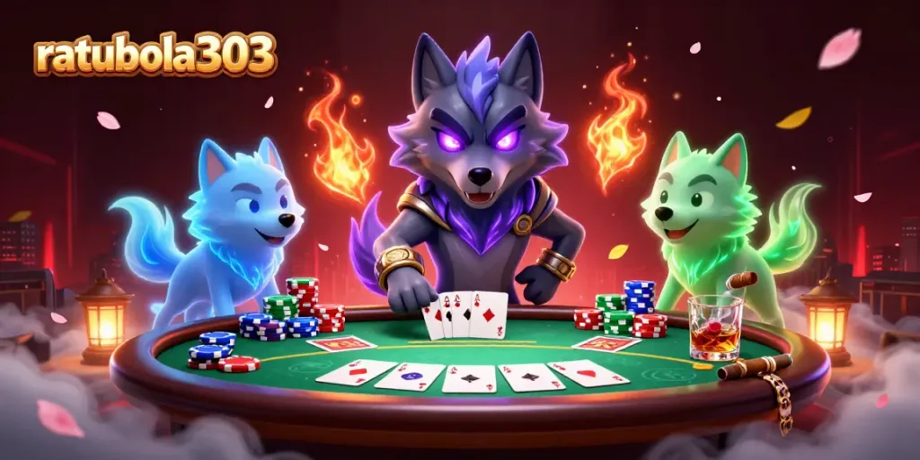 Permainan poker yang mengasyikkan di ratubola303 dengan hantu serigala dan chip poker berwarna-warni.