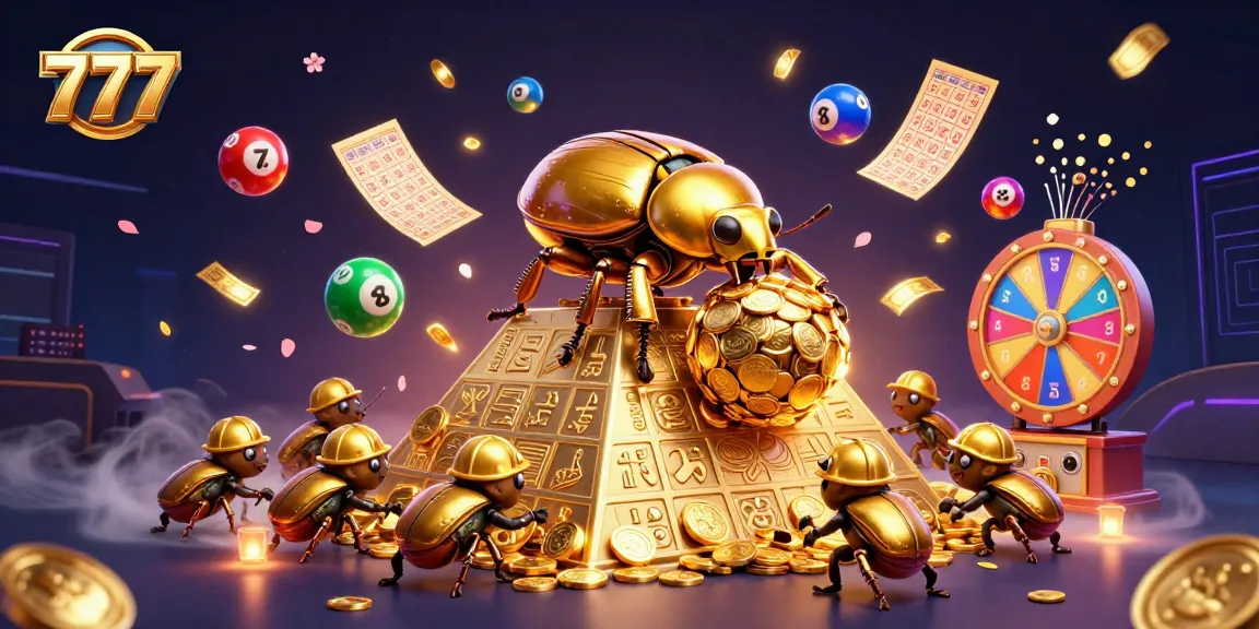 Experience the excitement of 777 slots with a vibrant 3D illustration of a golden dung beetle alongside casino elements.