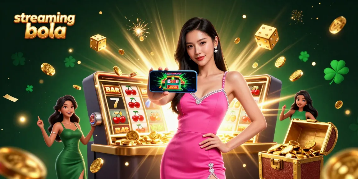 Experience streaming bola with a stunning Asian woman holding smartphone live dealer game amidst slot machine action.