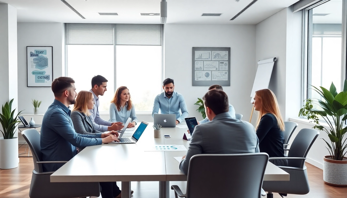Team of managed IT providers discussing strategies in a modern office environment.