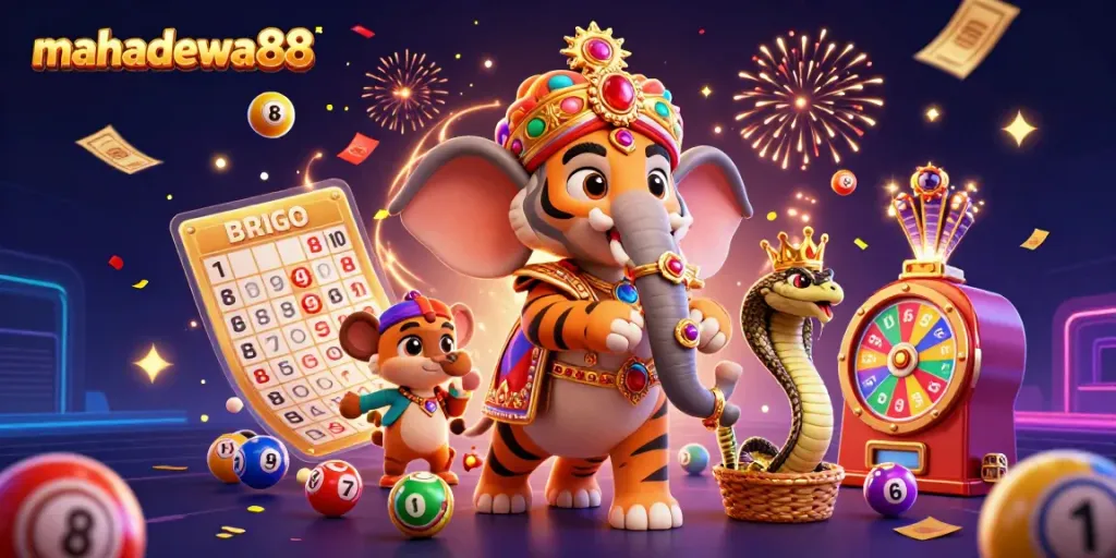 Experience the excitement of mahadewa88 with vibrant lottery elements and a jewel-encrusted casino scene.