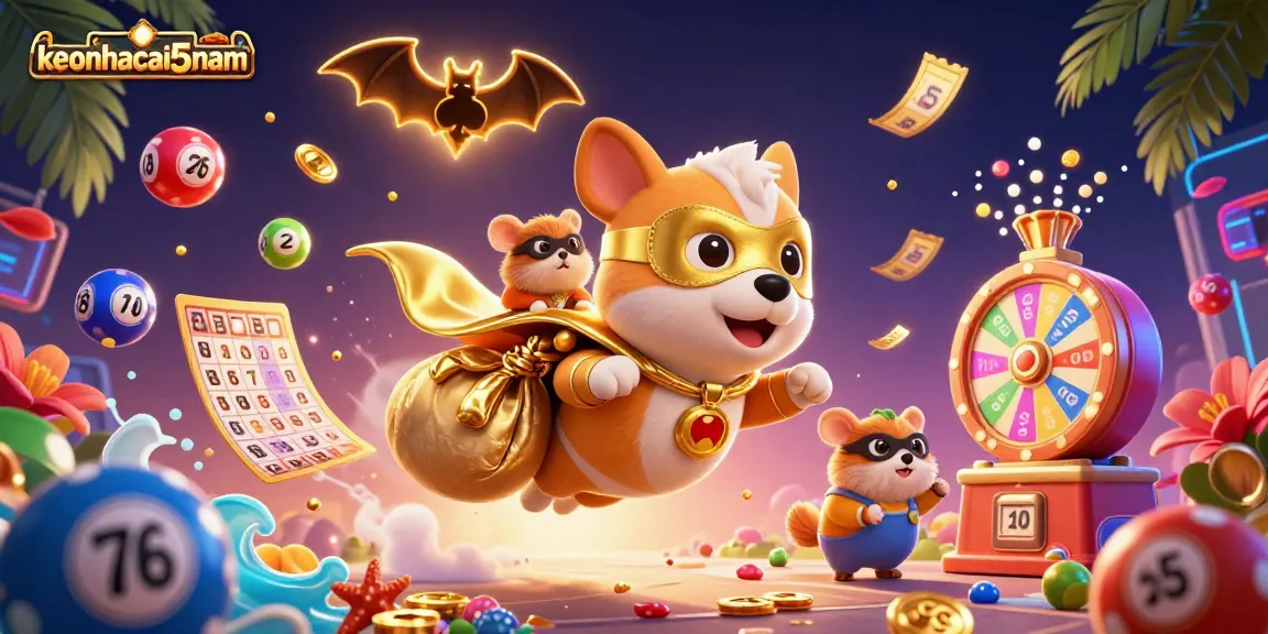 Engage with keonhacai5nam as a superhero dog flies with gold coins amid lottery excitement.