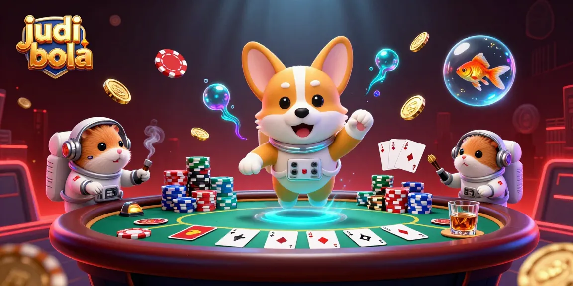 Join the fun of judi bola in a vibrant casino scene with an astronaut corgi, poker chips, and more!