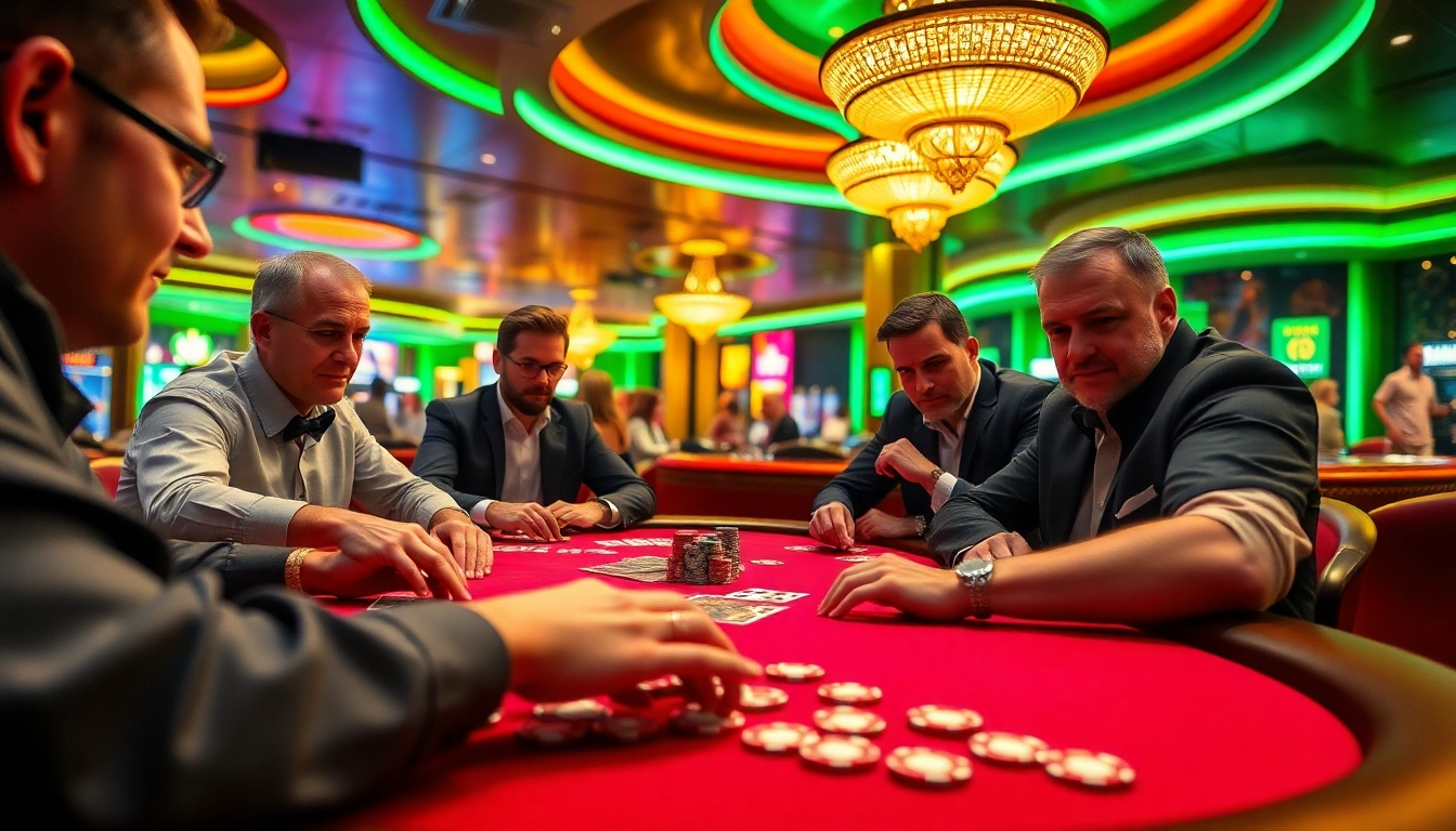 Menampilkan suasana kasino yang penuh warna di termokruzhka.com/blog/sovety-kak-vybrat-kachestvennyi-termos, dengan pemain poker terlibat.