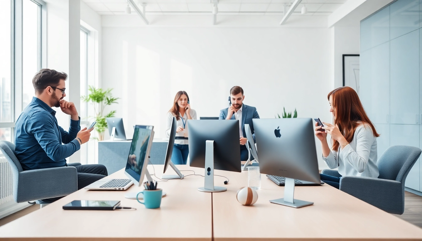 Engaged team using a cloud phone system in a professional office environment.