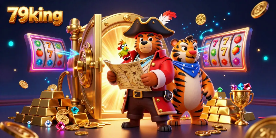 Engage with 79king's thrilling casino adventure featuring a pirate bear, tiger, and treasure amidst dazzling riches.