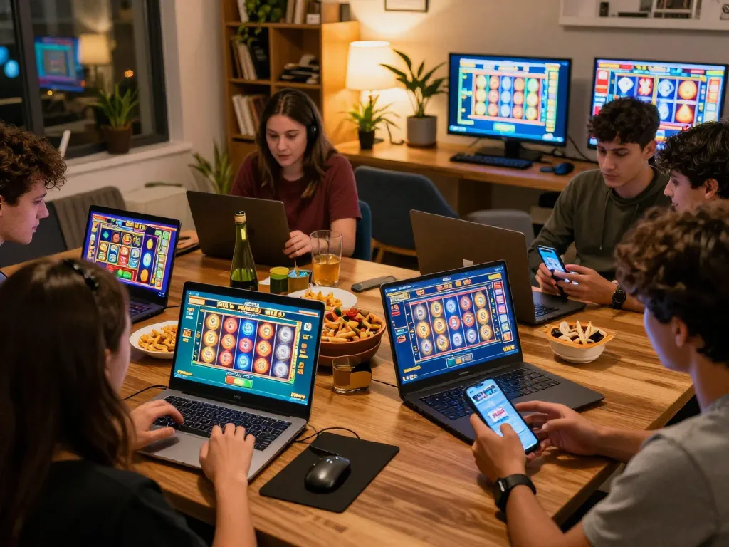 Engaged players enjoy PowerNet slot on modern devices during a cozy online gaming night