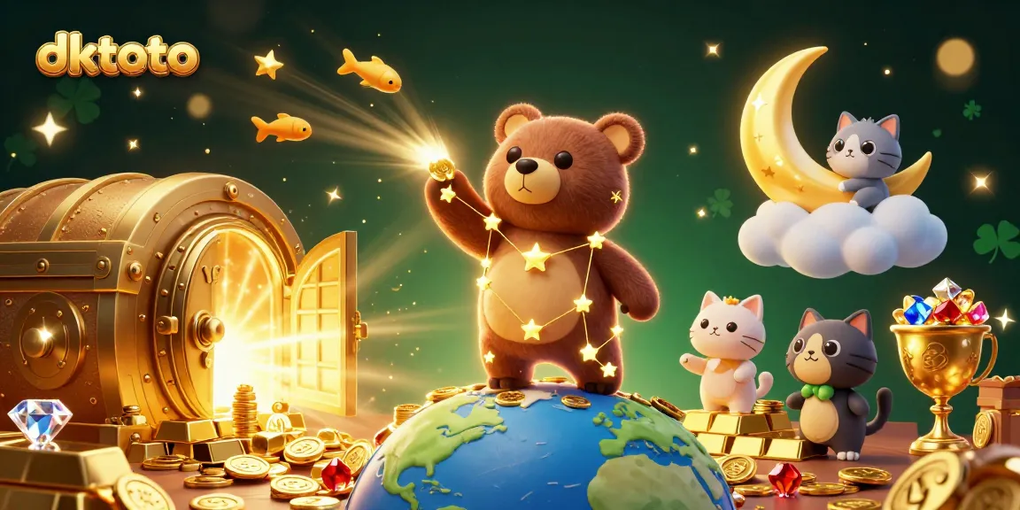 Engage with dktoto’s thrilling lottery experience, featuring a magical cosmic bear, sparkling treasures, and casino excitement.