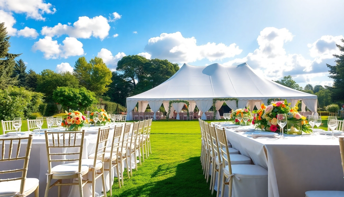 Beautifully arranged Wedding Tent Chair & Table Rentals under a bright sky.