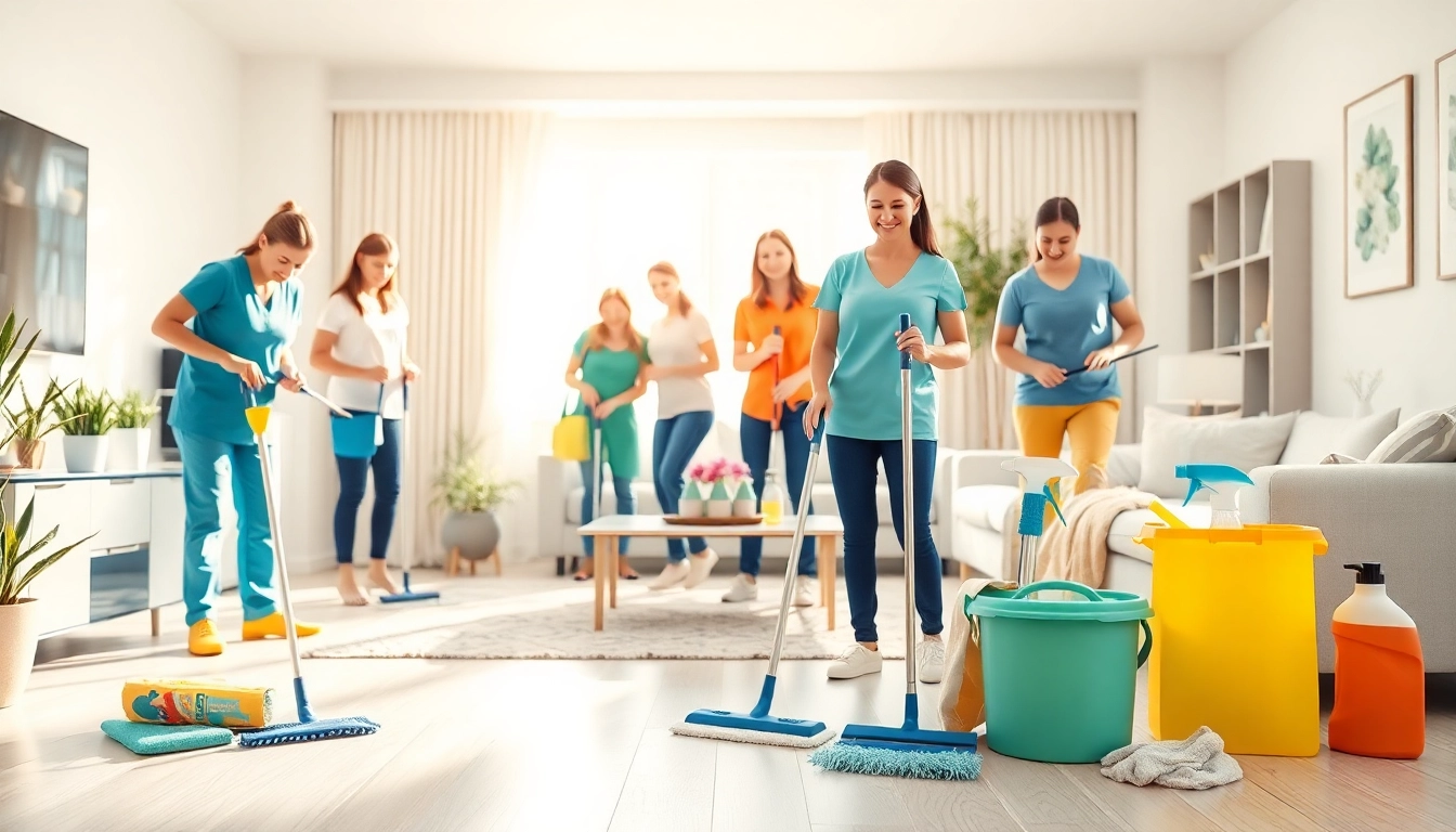 Efficient cleaning service team enhancing a modern home environment with professional organization and cleanliness.