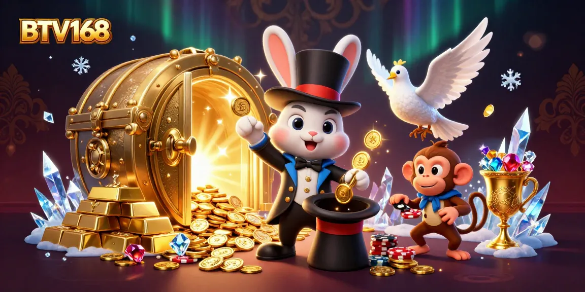 BTV168 showcases thrilling gambling action with a magician, dove, and monkey amidst gold treasures.