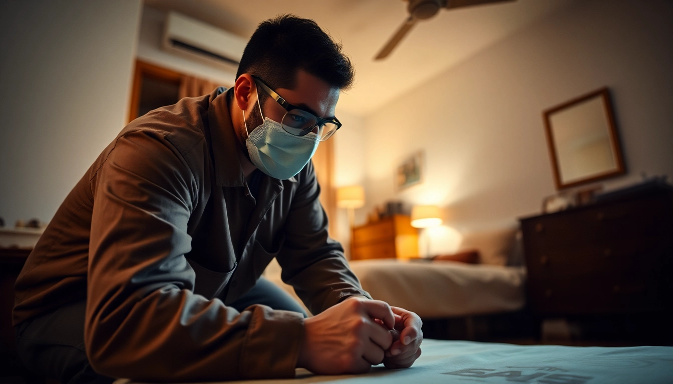 Inspecting for bed bug control in a bedroom with a pest control technician.
