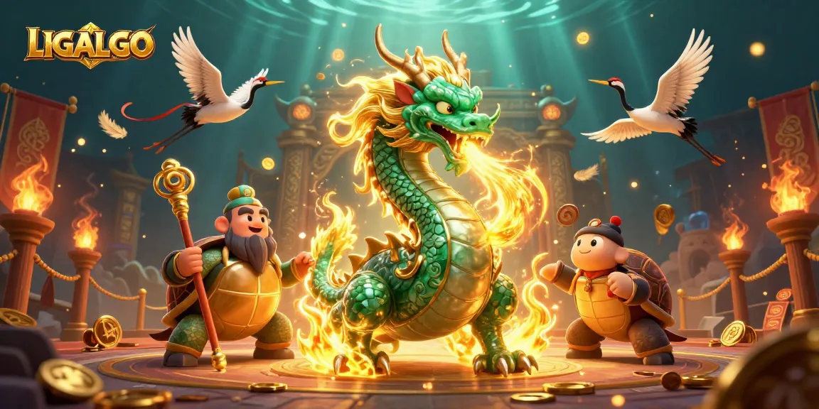 LIGALGO offers an electrifying gaming experience featuring a jade dragon, turtle sage, and lucky cranes amidst vibrant casino elements.