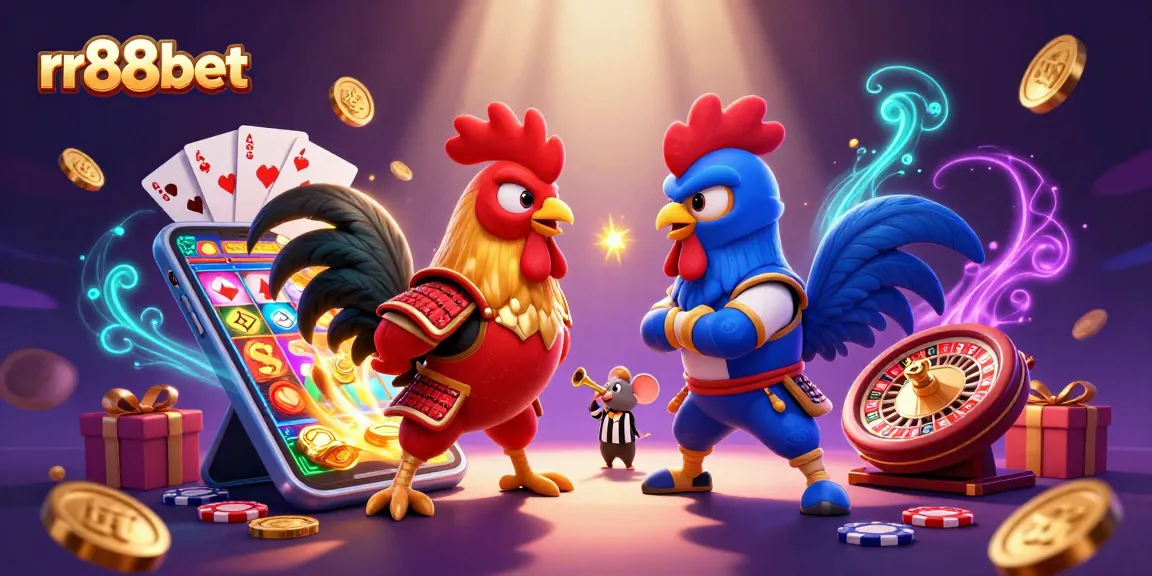 Betting and winning with rr88bet: exciting 3D rooster duel with casino games backdrop.