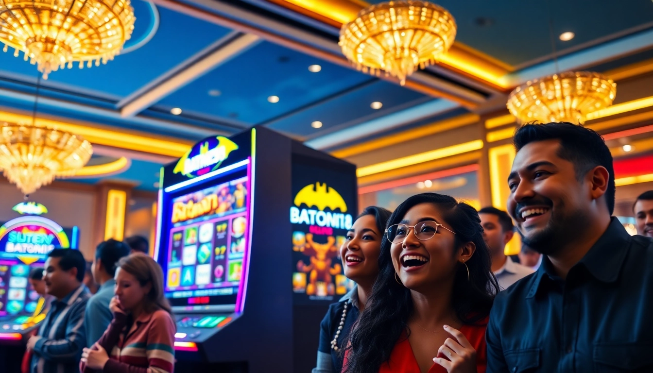 Main area displaying batman138 slot machine in a lively casino atmosphere, surrounded by excited players.