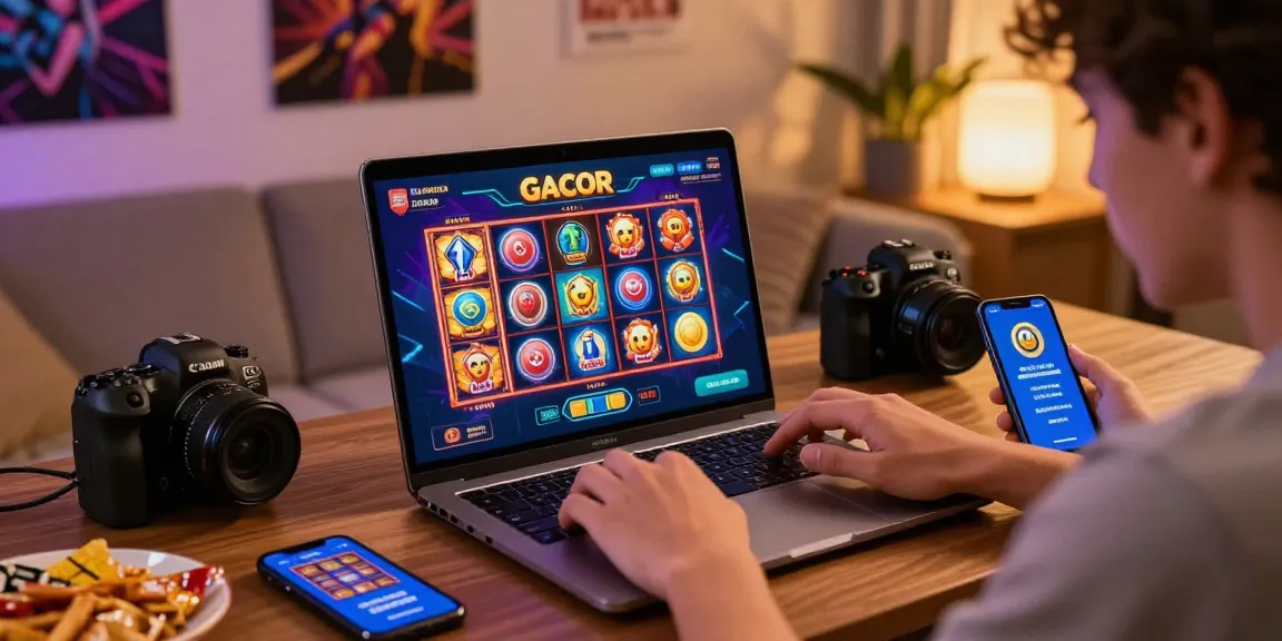 Excited user engaging with slot gacor games on laptop in cozy home setting.