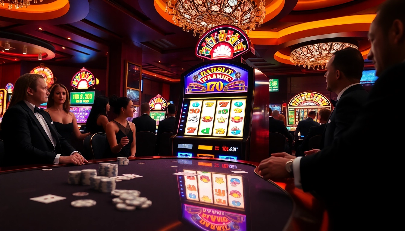 Engaging players at a 'demo slot pragmatic' machine in a vibrant casino setting with poker chips.