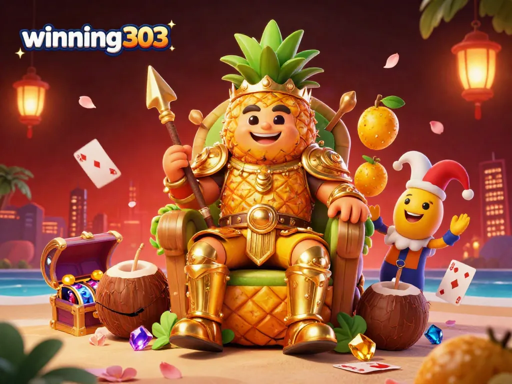 Engage in thrilling moments at winning303 with a vibrant beach casino scene featuring a pineapple king amidst treasure and game elements.