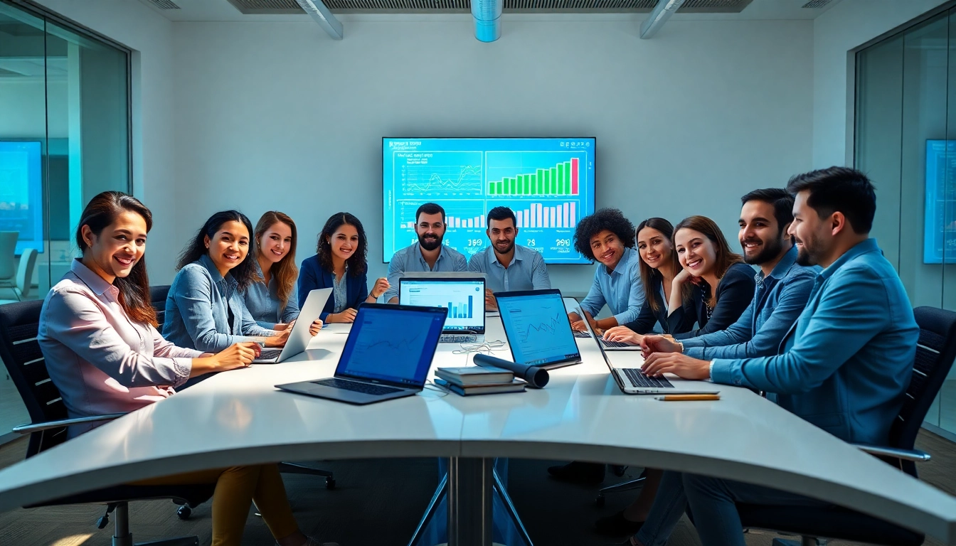 Marketing professionals collaborating on online marketing edmonton strategies in a modern office.