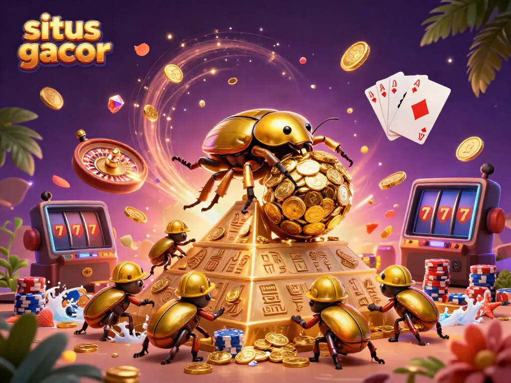 Cascading golden coins and 3D cartoon beetles symbolize situs gacor in a vibrant casino scene.