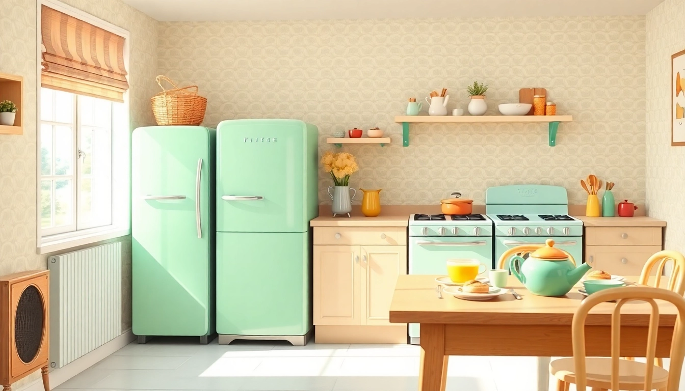 Showcase retro appliances including a mint green refrigerator and oven in a vibrant kitchen.