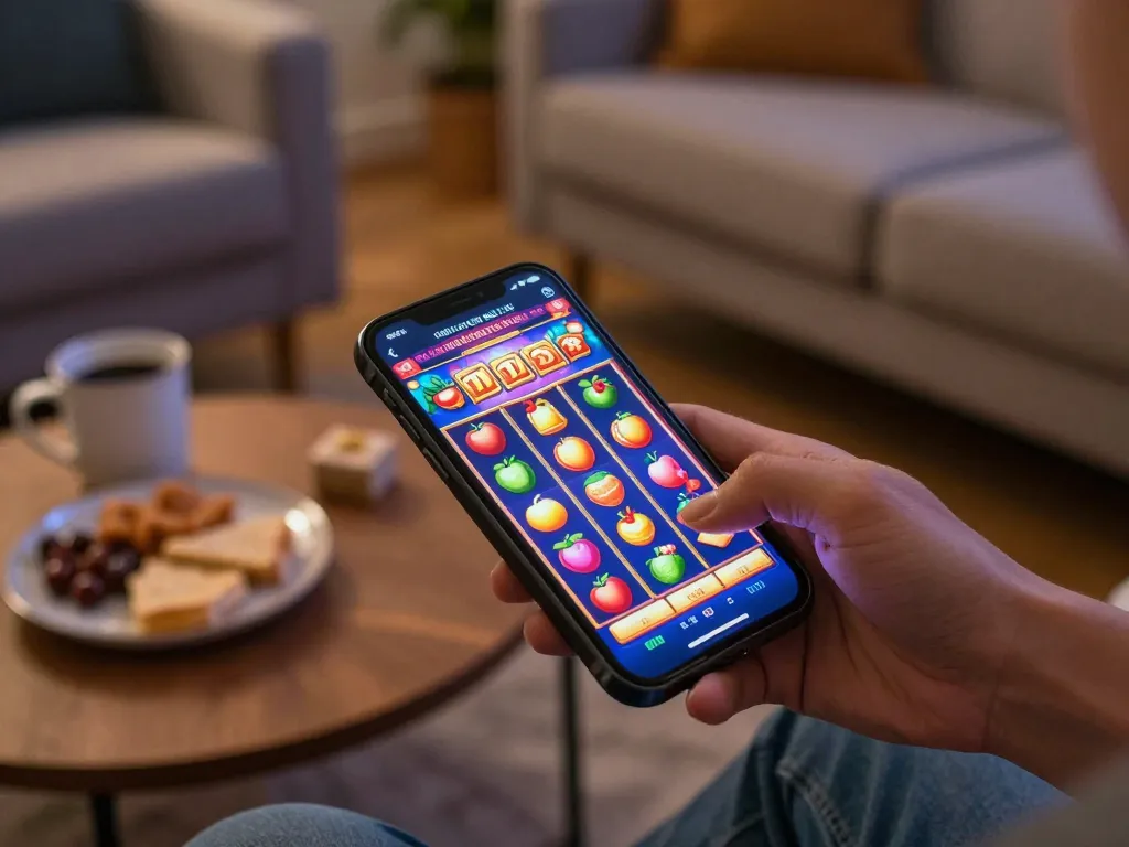 Engage in thrilling slot depo 10k gameplay on smartphone, featuring vibrant reels in a cozy home setting