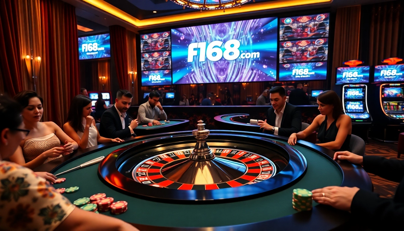 Players enjoying casino games at f168info.com, highlighting excitement and luxury.